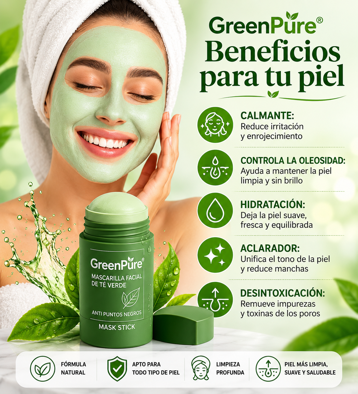 GreenPure® - Mascarilla Facial de Té Verde Anti Puntos Negros