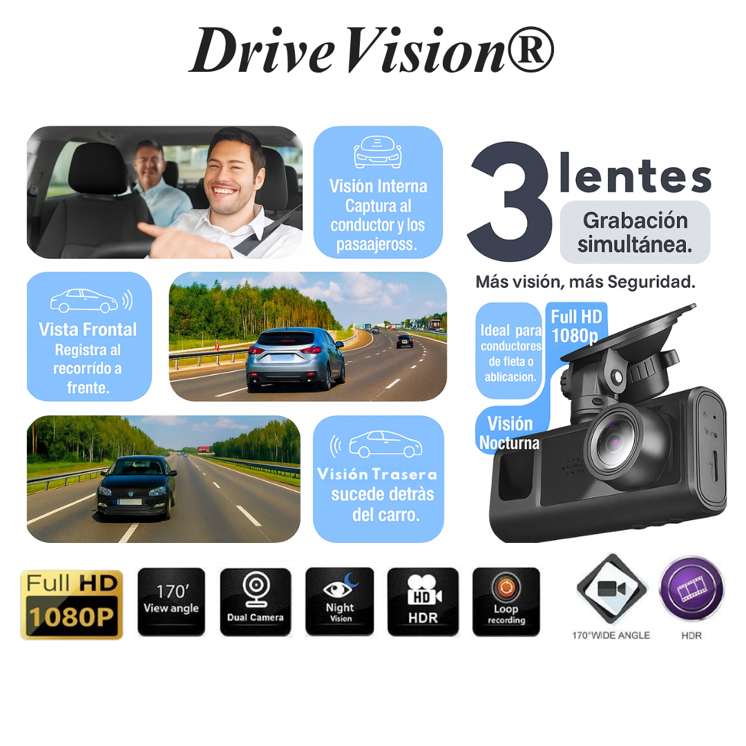 Cámara para Auto 3 en 1 Full HD - DriveVision® Pro - Conexión vía App