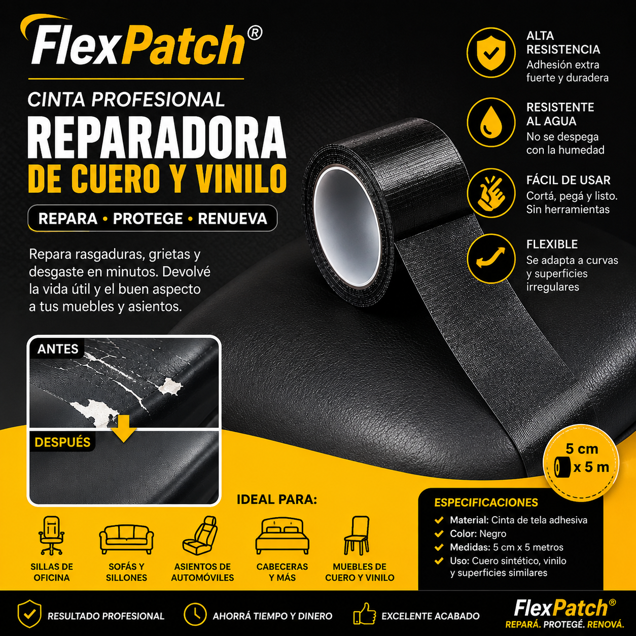 FlexPatch® – Cinta Profesional Reparadora de Cuero y Vinilo