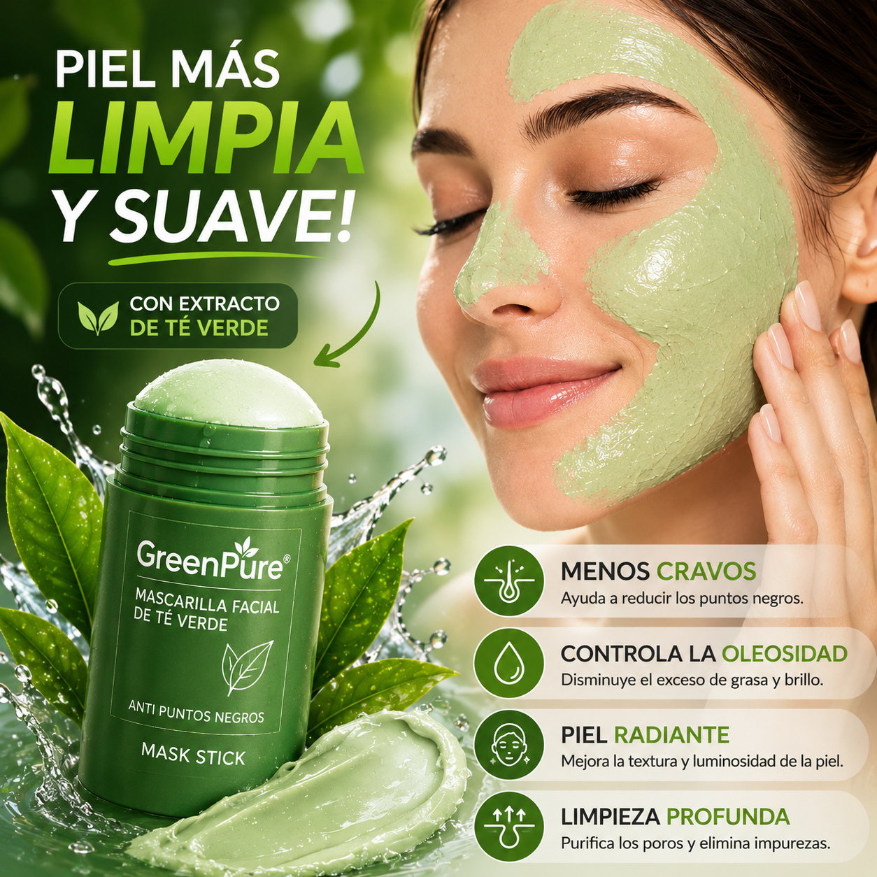 GreenPure® - Mascarilla Facial de Té Verde Anti Puntos Negros