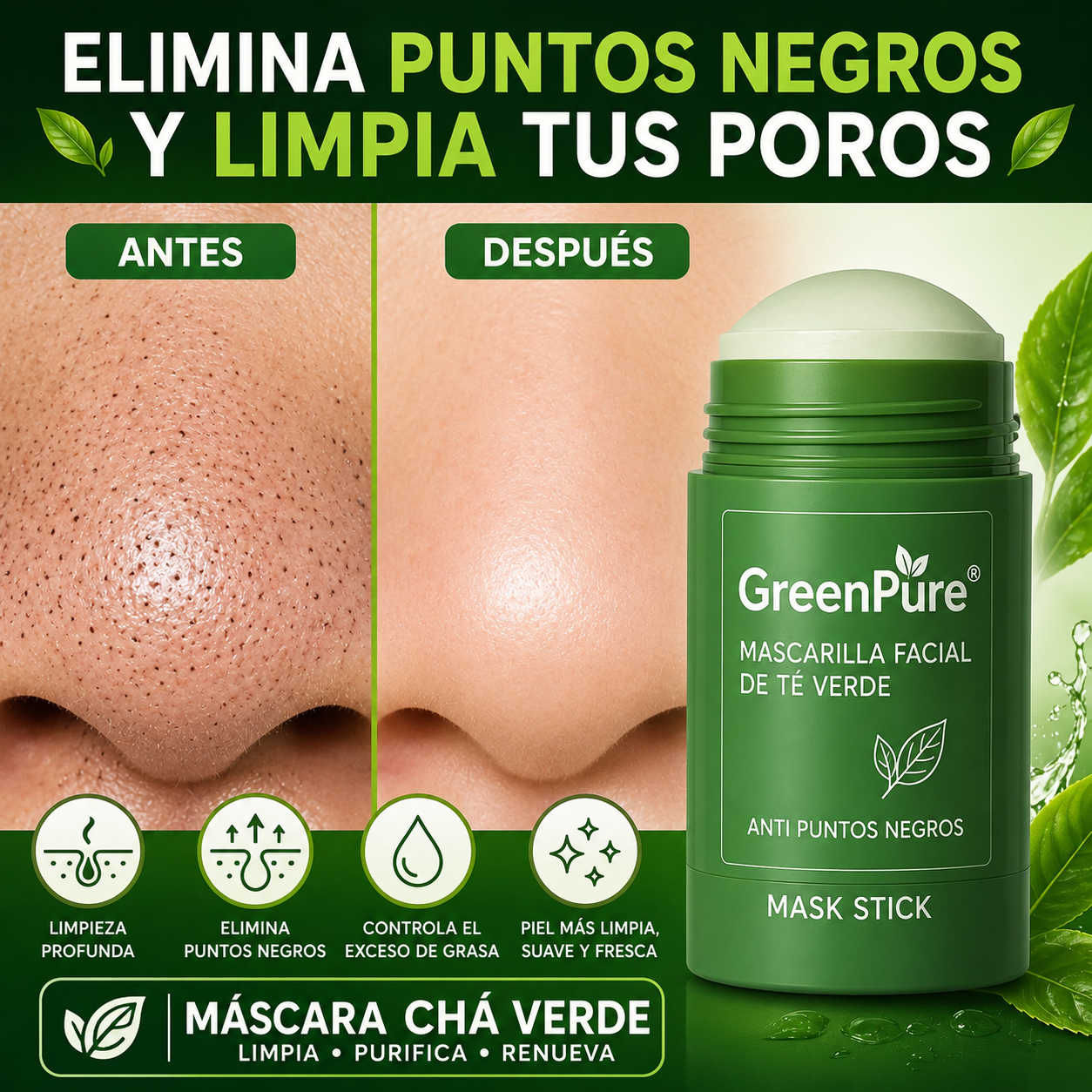 GreenPure® - Mascarilla Facial de Té Verde Anti Puntos Negros